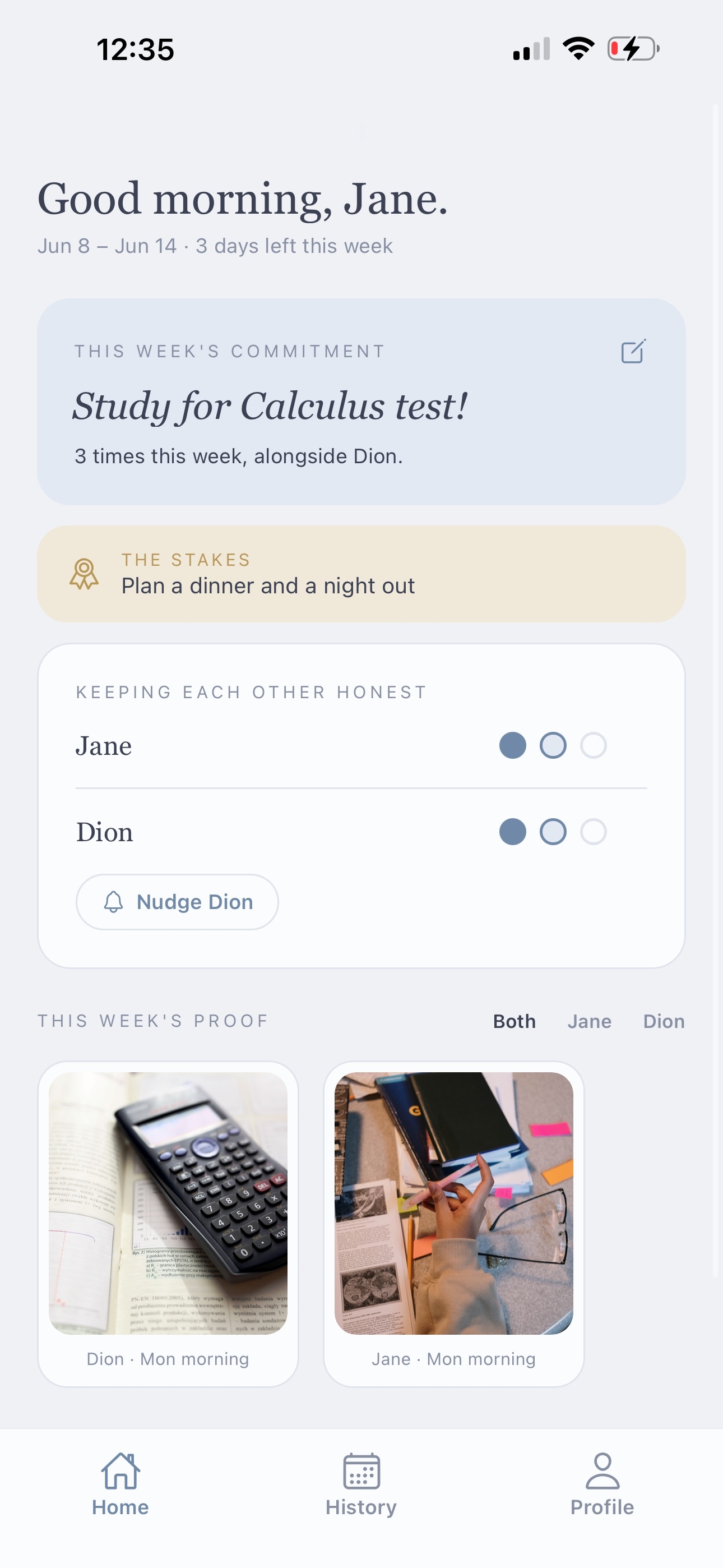 Pactners dashboard showing this week's commitment, the stakes, both partners' progress, and this week's photo proof