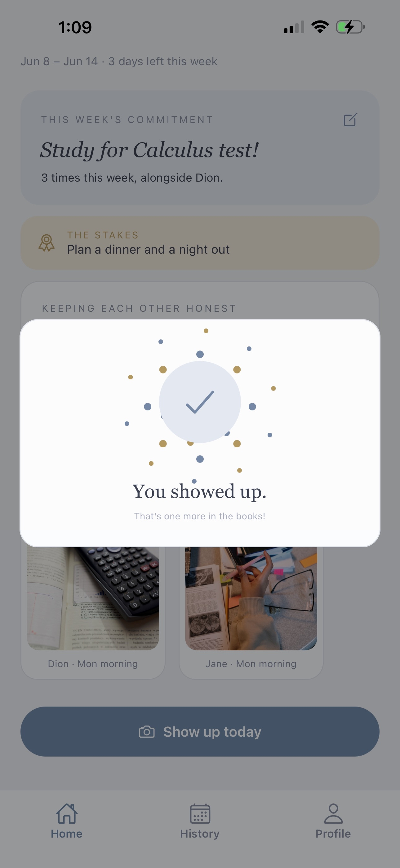 Confirmation screen after logging proof: You showed up
