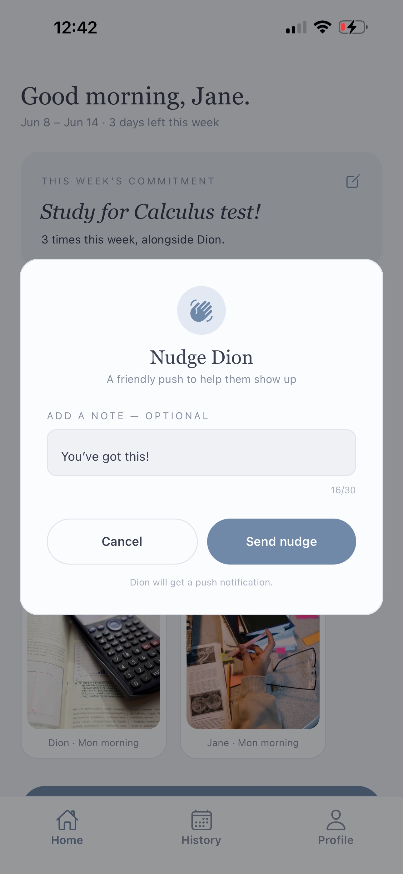 Nudge screen for sending a friendly reminder notification to your partner